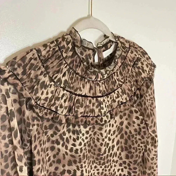 NEW Jonathan Simkhai Felicity Chiffon Blouse Camel Leopard Y2K 90s Animal Print - Picture 7 of 9